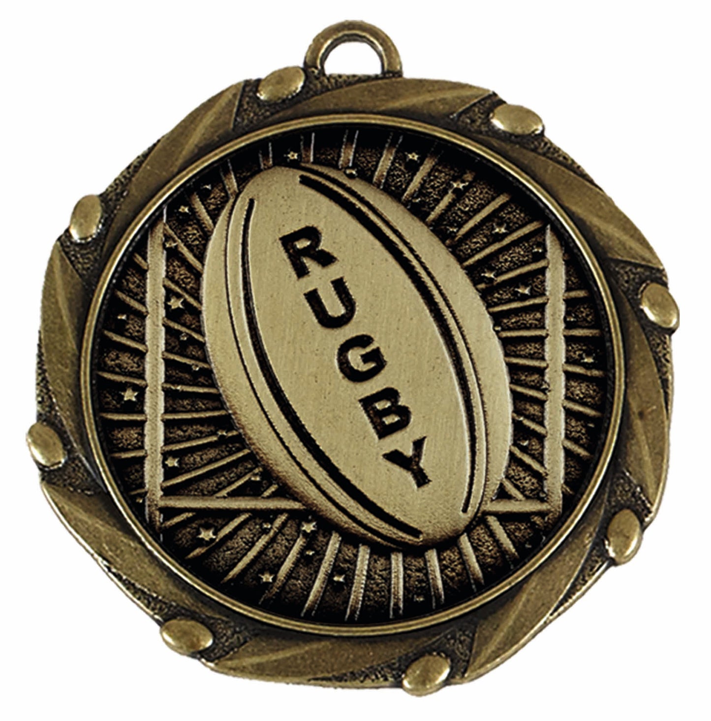 Gold Combo Rugby Ball Medal with Red, White & Blue Ribbon 45mm (1 3/4")