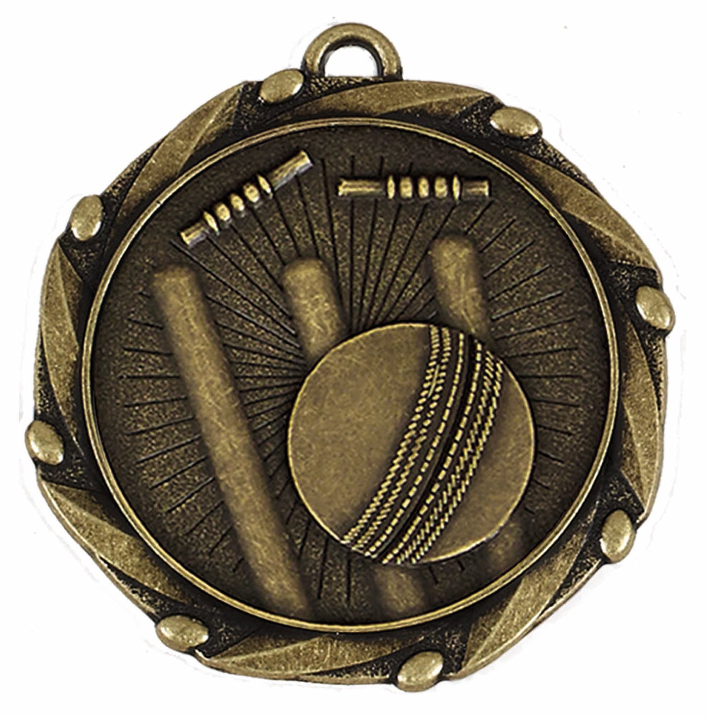 Combo Gold Ball & Stumps Cricket Medal with Red, White & Blue Ribbon 45mm (1 3/4")