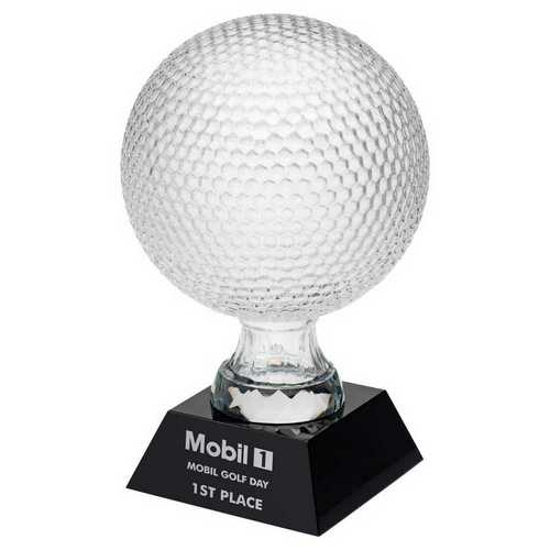 CLEAR GLASS GOLF BALL ON BLACK BASE - (4" DIA)