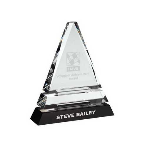 CLEAR GLASS PYRAMID ON BLACK BASE