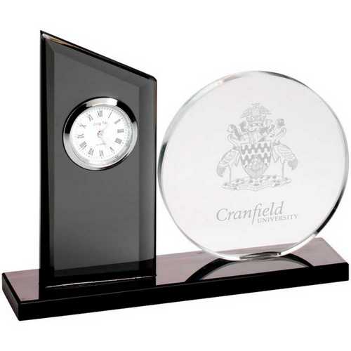 CLEAR/BLACK GLASS CLOCK AND ROUND PLAQUE - 5.25in