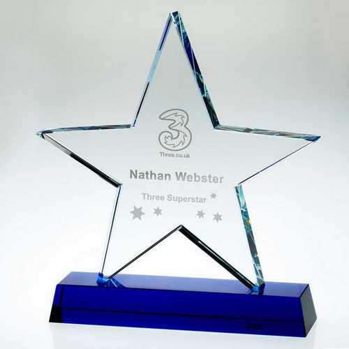 CLEAR GLASS STAR PLAQUE ON BLUE BASE (19mm THICK)