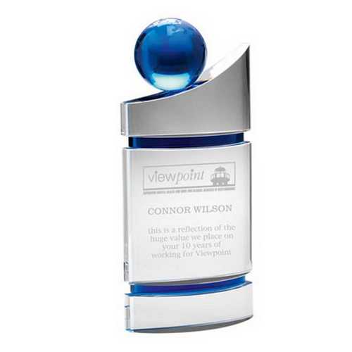 CLEAR/BLUE DOMED GLASS PLAQUE WITH BLUE GLOBE