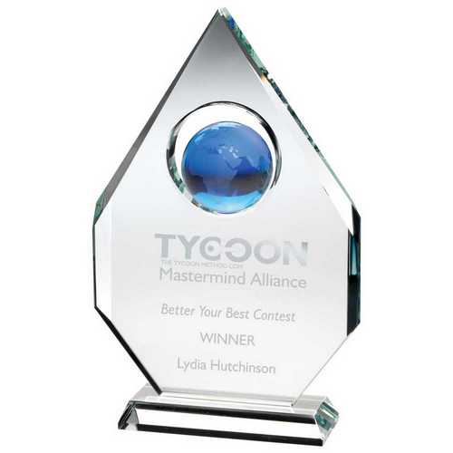 CLEAR GLASS DIAMOND PLAQUE WITH BLUE GLOBE - (15mm THICK)