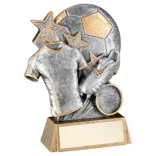 PEW/GOLD FOOTBALL WITH BOOT AND SHIRT ON BRZ BASE WITH PLATE (1in CEN)