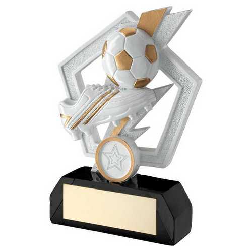 WHITE/GOLD/BLK FOOTBALL AND BOOT ON FLASH PENTAGON WITH PLATE (1in CEN)
