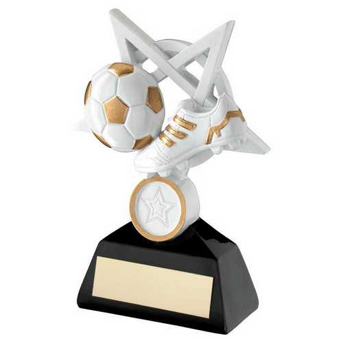 WHITE/GOLD/BLACK FOOTBALL AND BOOT ON 5 POINT STAR WITH PLATE (1in CENTRE)