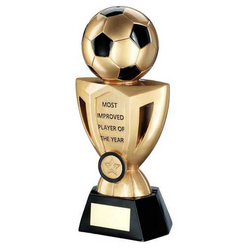 GOLD/BLACK FOOTBALL ON CUP WITH PLATE (1in CENTRE) MANAGERS PLAYER - 10in