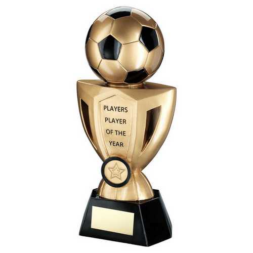 GOLD/BLACK FOOTBALL ON CUP WITH PLATE (1in CENTRE) MANAGERS PLAYER - 10in