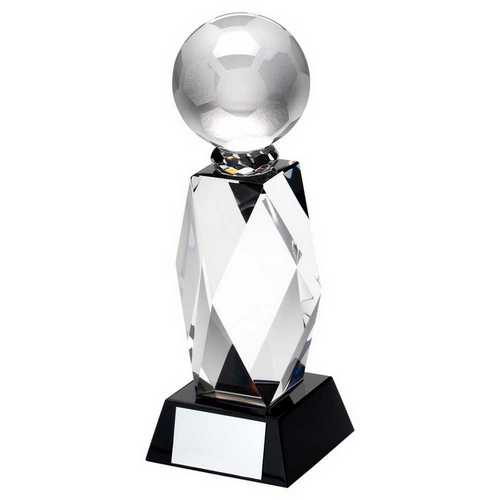 CLEAR GLASS COLUMN AND FOOTBALL ON BLACK BASE WITH PLATE