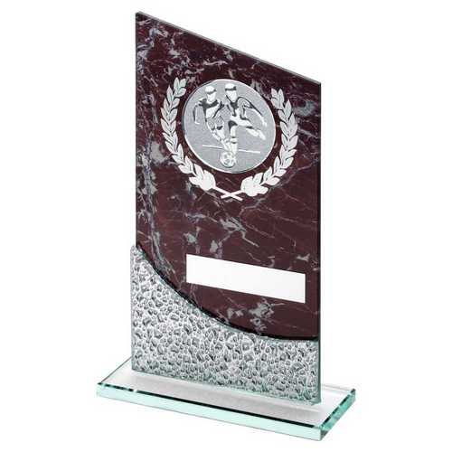 BROWN MARBLE PRINTED GLASS PLAQUE WITH FOOTBALL INSERT AND PLATE