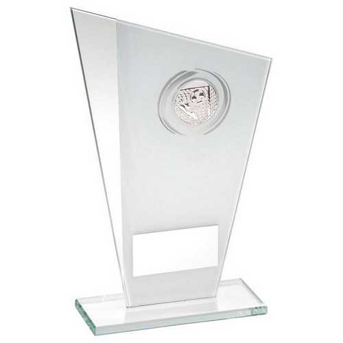 WHITE/SILVER PRINTED GLASS PLAQUE WITH FOOTBALL INSERT AND PLATE