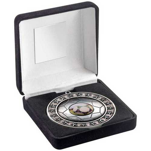 BLACK VELVET BOX AND 70mm FOOTBALL MEDAL TROPHY (1in CENTRE) ANT GOLD - 4in
