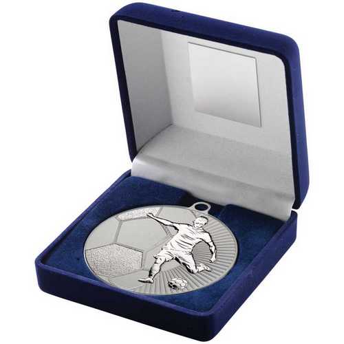 BLUE VELVET BOX AND 70mm FOOTBALL MEDAL TROPHY MATT SILVER/GOLD - 4in