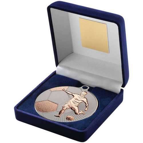 BLUE VELVET BOX AND 70mm FOOTBALL MEDAL TROPHY MATT SILVER/GOLD - 4in