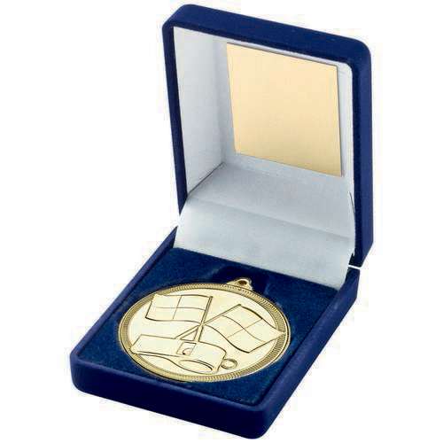 BLUE VELVET BOX AND 50mm MEDAL REFEREE TROPHY GOLD - 3.5in