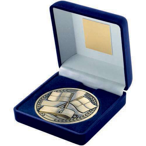 BLUE VELVET BOX AND 70mm MEDALLION REFEREE TROPHY ANTIQUE GOLD - 4in