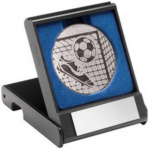 BLACK PLASTIC BOX WITH FOOTBALL INSERT TROPHY GOLD - 3.5in