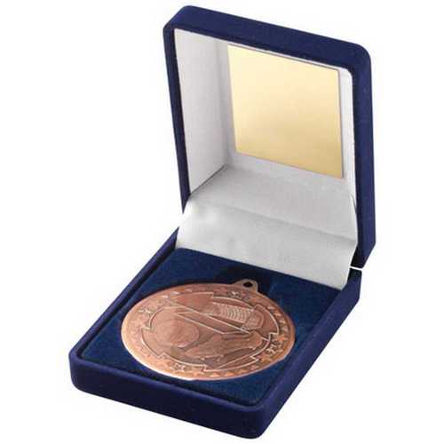 BLUE VELVET BOX AND 50mm MEDAL FOOTBALL TROPHY GOLD - 3.5in