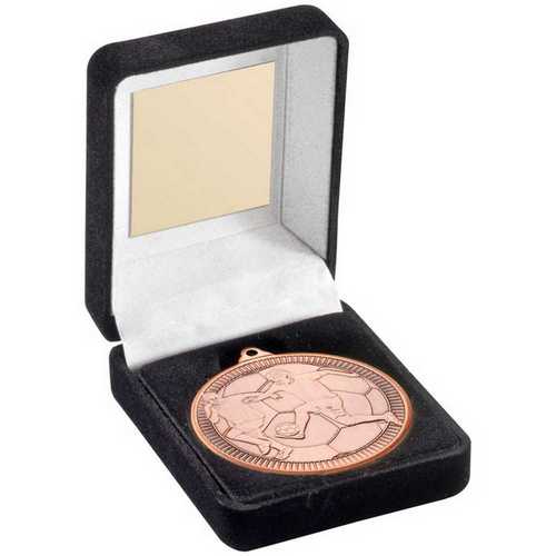 BLACK VELVET BOX AND 50mm MEDAL FOOTBALL TROPHY GOLD - 3.5in