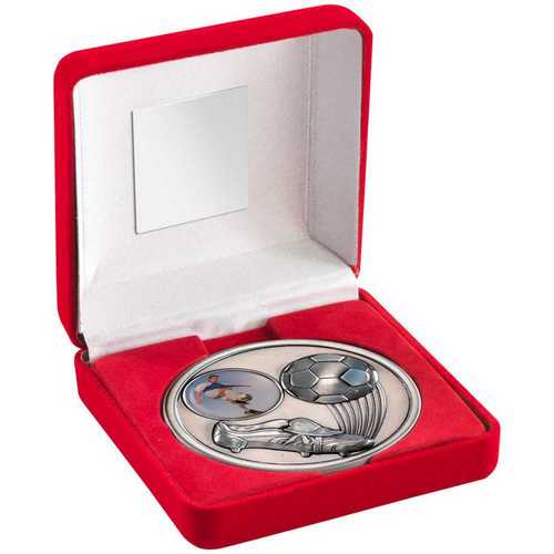 RED VELVET BOX AND 70mm MEDALLION FOOTBALL TROPHY (1" CEN) ANTIQUE GOLD - 4in