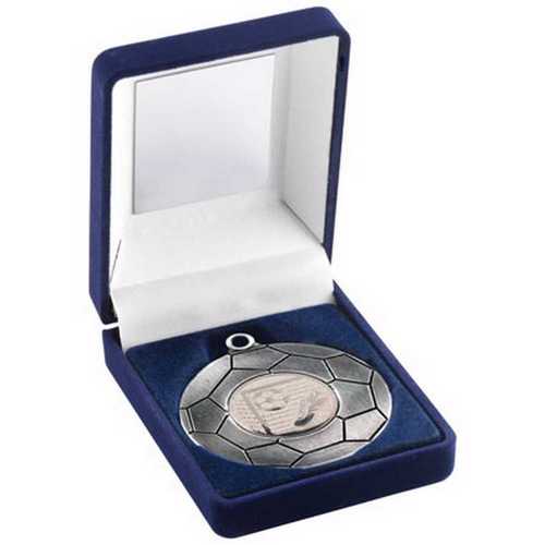 BLUE VELVET BOX AND 50mm FOOTBALL MEDAL TROPHY ANTIQUE GOLD (1in CEN) - 3.5in
