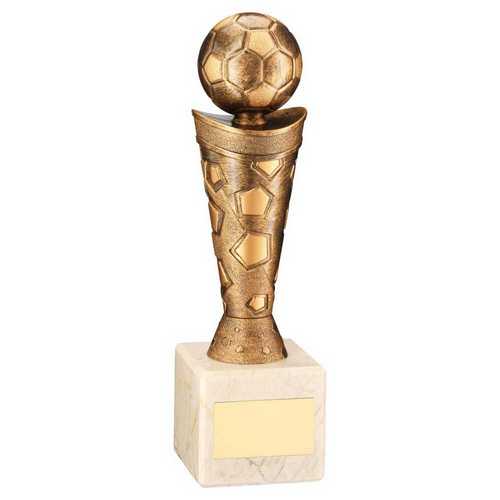 BRONZE/GOLD PLASTIC FOOTBALL FIGURE ON CREAM MARBLE TROPHY