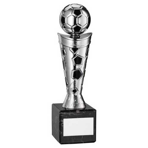 SILVER/BLACK PLASTIC FOOTBALL FIGURE ON BLACK MARBLE TROPHY