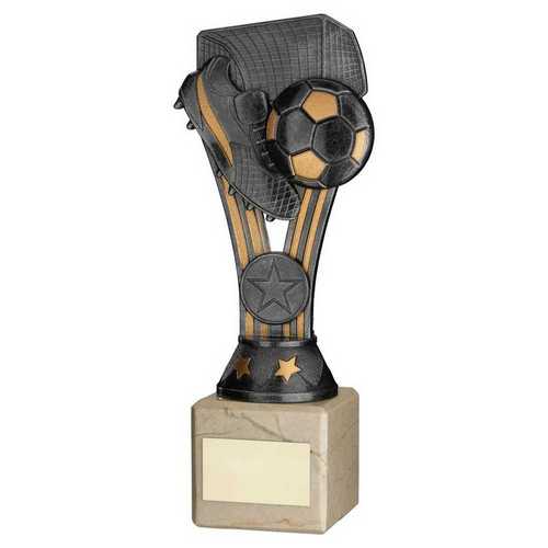 PEWTER/GOLD PLASTIC 'WEMBLEY' FIGURE ON CREAM MARBLE TROPHY - (1in CEN)
