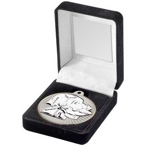 BLACK VELVET BOX AND 50mm MARTIAL ARTS MEDAL TROPHY MATT SILVER/GOLD - 3.5in