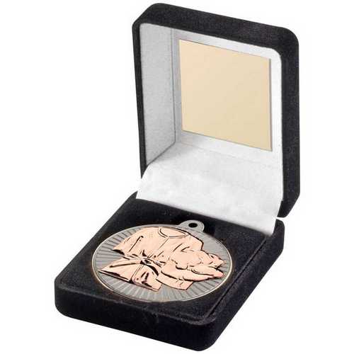 BLACK VELVET BOX AND 50mm MARTIAL ARTS MEDAL TROPHY MATT SILVER/GOLD - 3.5in