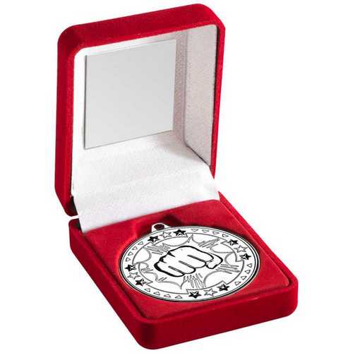 RED VELVET BOX AND 50mm MEDAL MARTIAL ARTS TROPHY GOLD - 3.5in