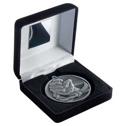 BLACK VELVET BOX AND 60mm MEDAL MARTIAL ARTS TROPHY ANTIQUE GOLD - 4in