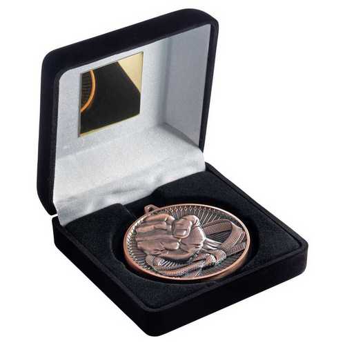 BLACK VELVET BOX AND 60mm MEDAL MARTIAL ARTS TROPHY ANTIQUE GOLD - 4in