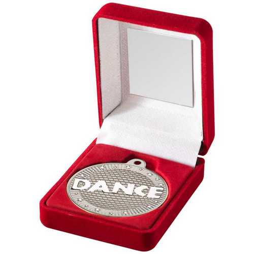 RED VELVET BOX AND 50mm DANCE MEDAL TROPHY MATT SILVER/GOLD - 3.5in