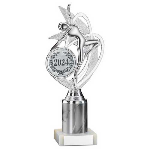 SILVER/WHITE 'DANCE/GYM' FIGURE ASSEMBLED ON MARBLE (2" CEN/1" TUBE)