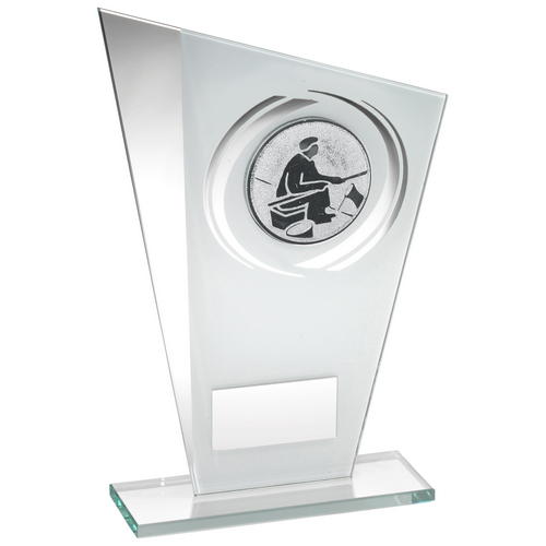WHITE/SILVER PRINTED GLASS PLAQUE WITH ANGLING INSERT WITH PLATE
