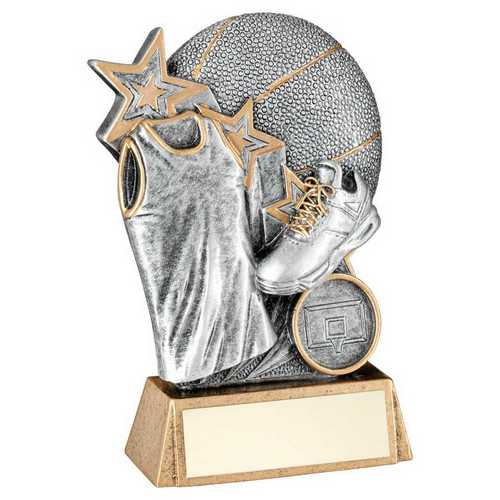 PEW/GOLD BASKETBALL WITH SHOE/SHIRT ON BRZ BASE WITH PLATE (1in CEN)