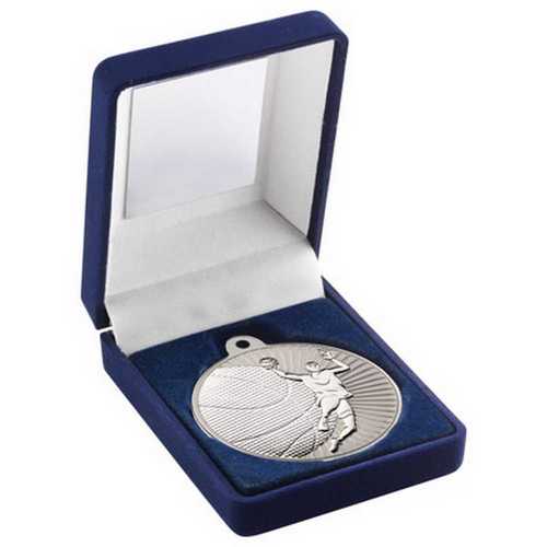 BLUE VELVET BOX AND 50mm BASKETBALL MEDAL TROPHY MATT SILVER/GOLD - 3.5in