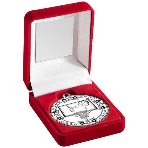 RED VELVET BOX AND 50mm MEDAL BASKETBALL TROPHY GOLD - 3.5in