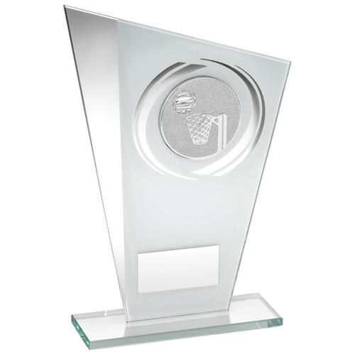 WHITE/SILVER PRINTED GLASS PLAQUE WITH NETBALL INSERT WITH PLATE
