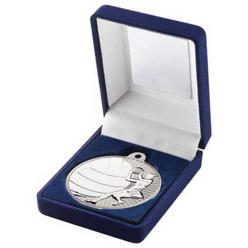 BLUE VELVET BOX AND 50mm NETBALL MEDAL TROPHY MATT SILVER/GOLD - 3.5in