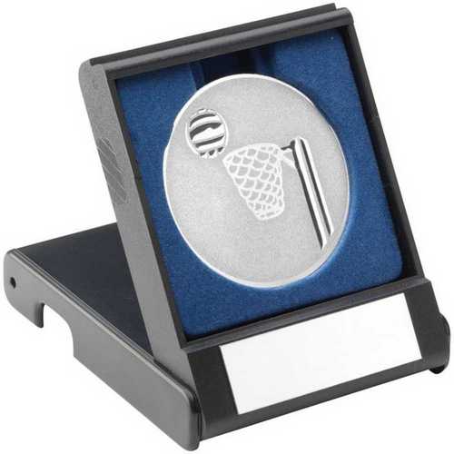 BLACK PLASTIC BOX WITH NETBALL INSERT TROPHY GOLD - 3.5in