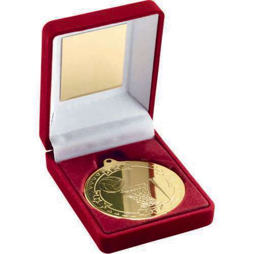 RED VELVET BOX AND 50mm MEDAL NETBALL TROPHY GOLD - 3.5in
