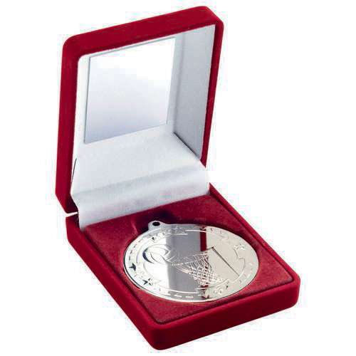 RED VELVET BOX AND 50mm MEDAL NETBALL TROPHY GOLD - 3.5in