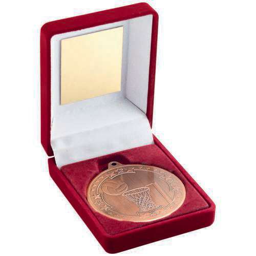 RED VELVET BOX AND 50mm MEDAL NETBALL TROPHY GOLD - 3.5in
