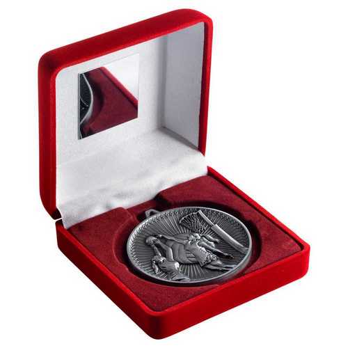 RED VELVET BOX AND 60mm MEDAL NETBALL TROPHY ANTIQUE GOLD - 4in