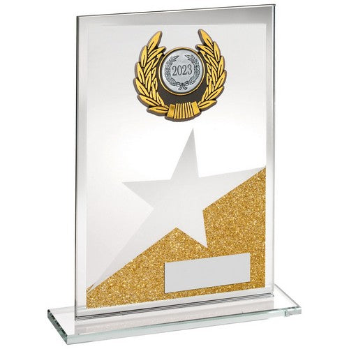 JADE/GOLD/SILV GLASS PLAQUE WITH SILV/BLK TRIM TROPHY (1in CENTRE)