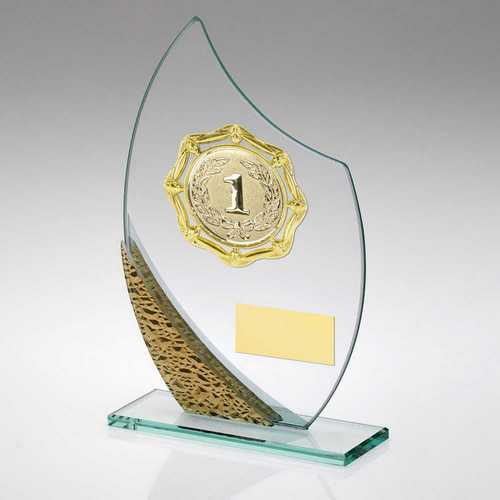 JADE/SILV/GOLD GLASS PLAQUE WITH GOLD TRIM TROPHY - (1in CENTRE)