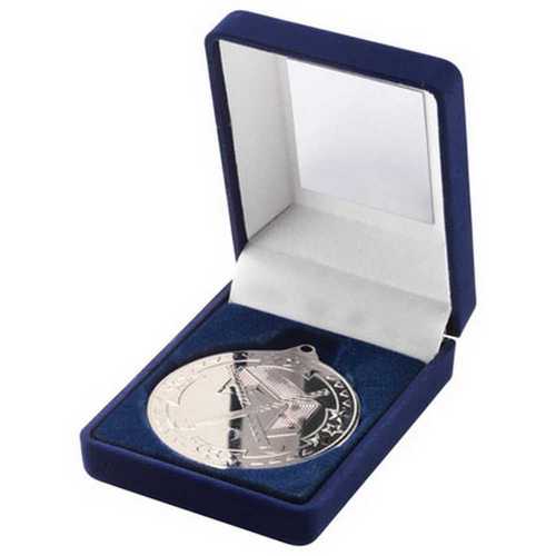 BLUE VELVET BOX AND 50mm MEDAL HOCKEY TROPHY GOLD - 3.5in